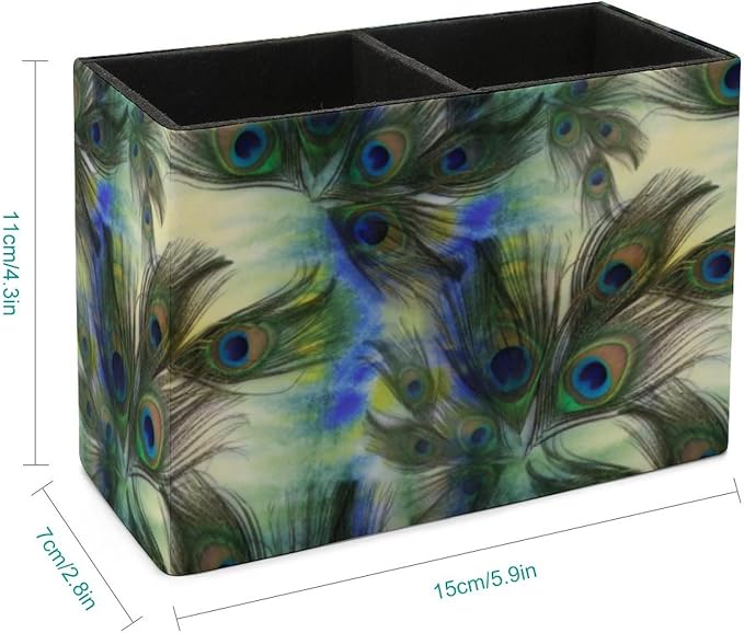 Niapessel Pencil Holder for Desk, Peacock Feathers Pen Holder Storage Desktop Pen Organizer Desk Pencil Organizer Makeup Brush Holder for Office School College Leather