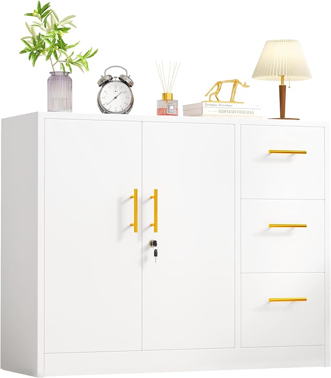 pozdeg Buffet Sideboard Cabinet with Storage, 36.61" H Kitchen Storage Pantry Cabinet with 3 Drawers, Metal Cupboard Coffee Bar Station Table for Kitchen, Living Room, Dining Room (White)