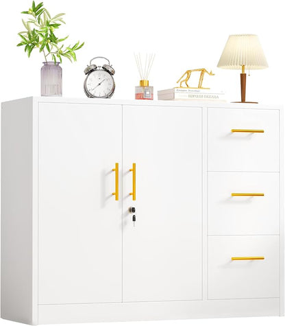 pozdeg Buffet Sideboard Cabinet with Storage, 36.61" H Kitchen Storage Pantry Cabinet with 3 Drawers, Metal Cupboard Coffee Bar Station Table for Kitchen, Living Room, Dining Room (White)