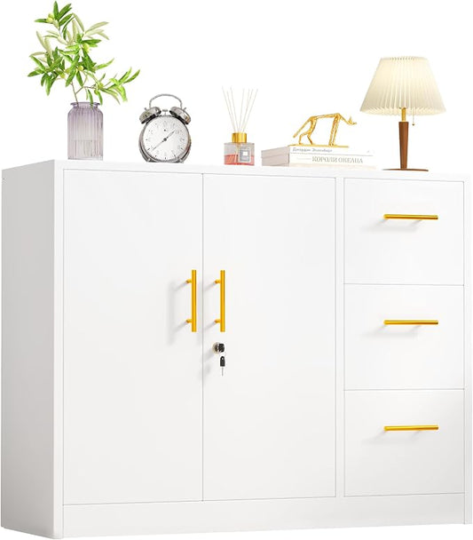 pozdeg Buffet Sideboard Cabinet with Storage, 36.61" H Kitchen Storage Pantry Cabinet with 3 Drawers, Metal Cupboard Coffee Bar Station Table for Kitchen, Living Room, Dining Room (White)