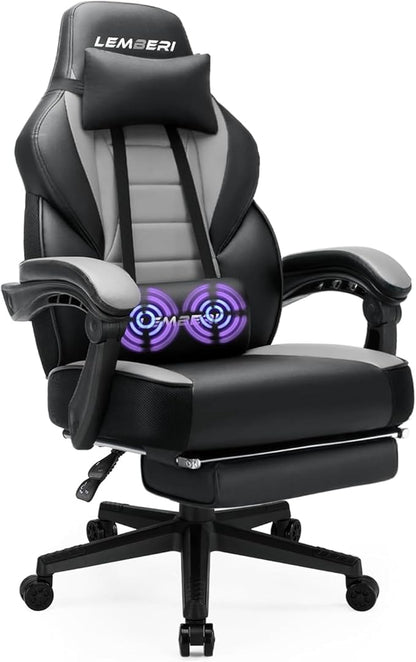 LEMBERI Gaming Chair with Footrest, Ergonomic Video Game Chair for Adults, Big and Tall Chair 400lb Weight Capacity, Racing Style Computer Gamer Chair with Headrest and Lumbar Support, PU Leather