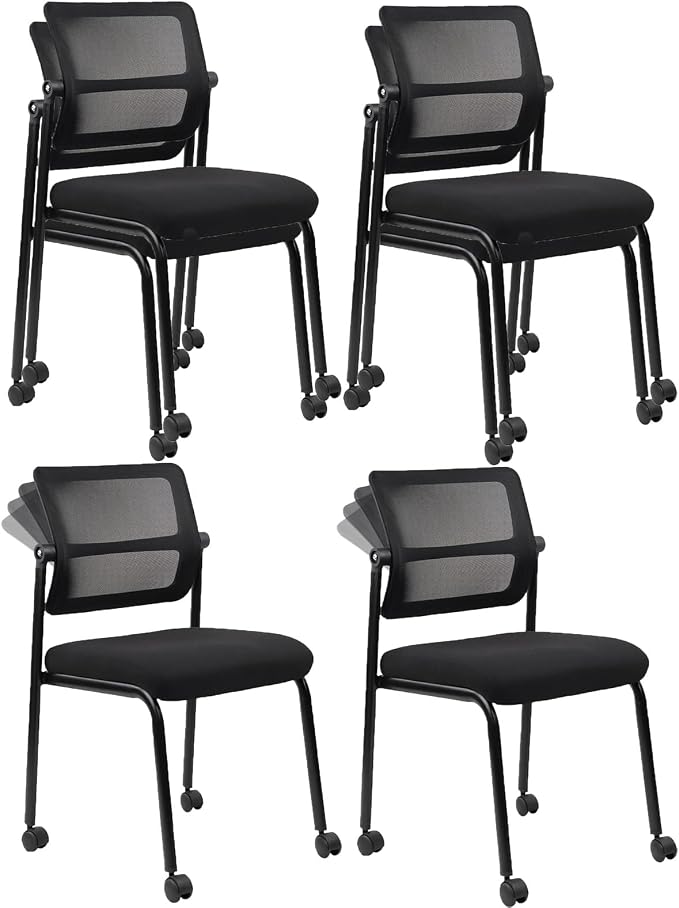 CLATINA Stackable Mesh Office Chair with Wheels Armless Guest Waiting Stacking Chair with Ergonomic Lumbar Support & Leather Seat Cushion, for Conference, Lobby, School, Reception, Black 4Pack