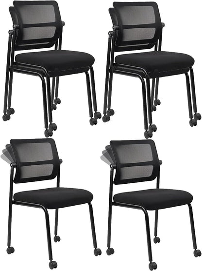 CLATINA Stackable Mesh Office Chair with Wheels Armless Guest Waiting Stacking Chair with Ergonomic Lumbar Support & Leather Seat Cushion, for Conference, Lobby, School, Reception, Black 4Pack