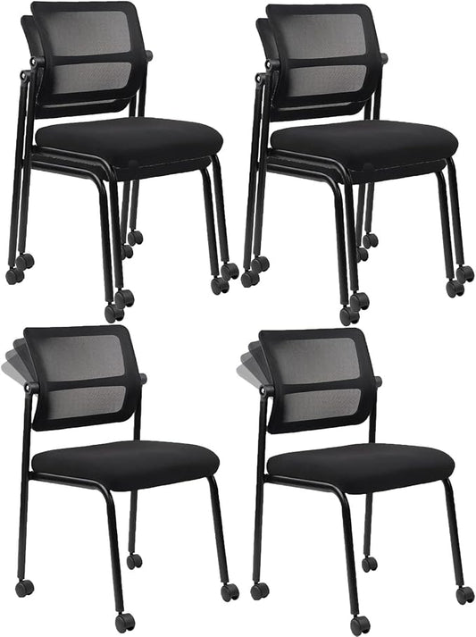 CLATINA Stackable Mesh Office Chair with Wheels Armless Guest Waiting Stacking Chair with Ergonomic Lumbar Support & Leather Seat Cushion, for Conference, Lobby, School, Reception, Black 4Pack