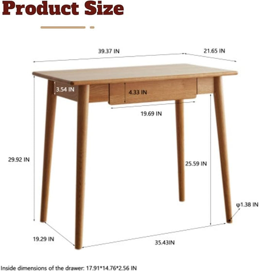100% Solid Oak Wood Home Office Desk, Writing Computer Desk with Drawer for Home Office Sturdy Writing Workstation 39"