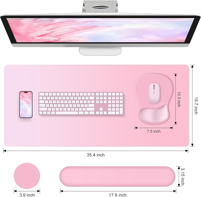 4-in-1 Large Gaming Mouse Pad, Keyboard Wrist Rest Pad & Wrist Support Mousepad Set, Extended Desk Pad Waterproof Desk Mat for Girl Women Home Office Decor Study Game 35.4×15.7 Inches I Soft Pink