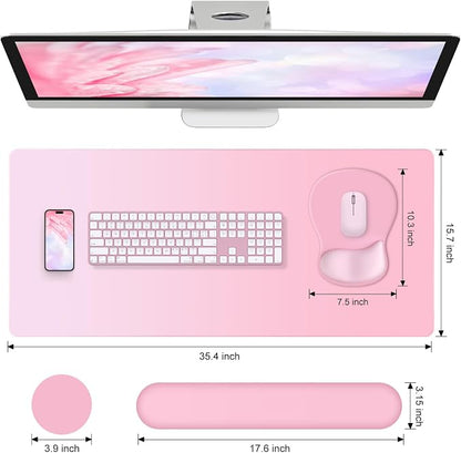 4-in-1 Large Gaming Mouse Pad, Keyboard Wrist Rest Pad & Wrist Support Mousepad Set, Extended Desk Pad Waterproof Desk Mat for Girl Women Home Office Decor Study Game 35.4×15.7 Inches I Soft Pink