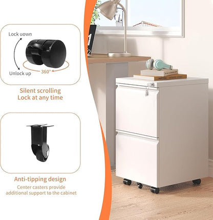 Guizeeopo 2 Drawer Locking File Cabinet, Fully Assembled Heavy-Duty Metal Filing Cabinets for Home Office, Quiet Slides, Anti-Tipping Wheels, Fits A4/Letter/Legal, Matte White