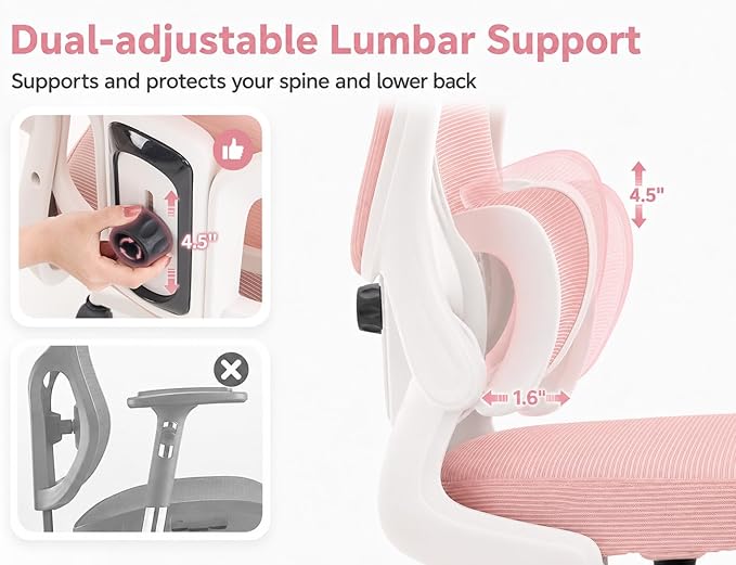 Ergonomic Office Chair with Adjustable Headrest & Lumbar Support, High Back Mesh Desk Chair, 330 LBS Capacity Swivel Computer Chair with Flip-Up Arms, Home Office Gaming Chair(Pink)