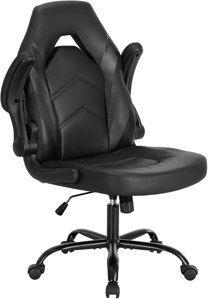 Sweetcrispy Computer Gaming Desk Chair: Big Tall Ergonomic Lumbar Support with Flip-up Armrest and 360° Swivel Wheels, PU Leather Height Adjustable, for Home and Office, Black