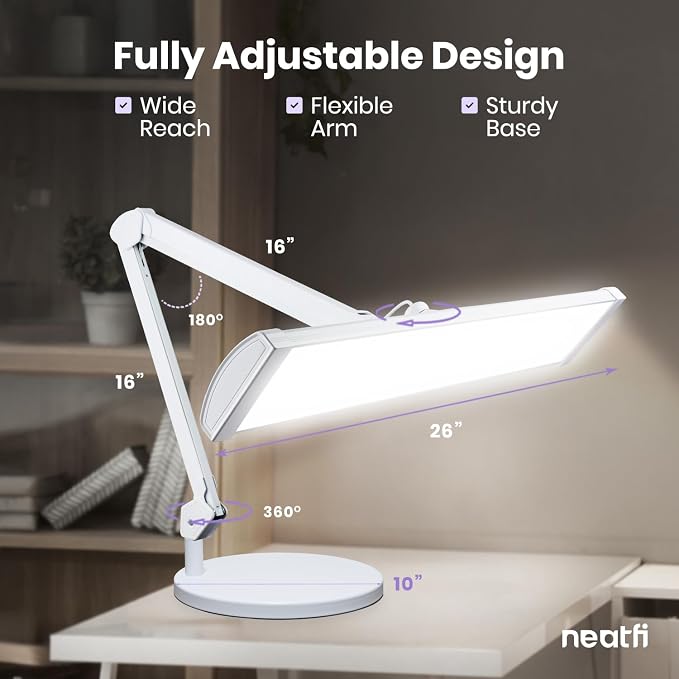 Neatfi Ultra 3,500 Lumens LED Desk Lamp with Base– 45W, 270 SMD LEDs, Shadow-Free | Adjustable Brightness | Non-Flickering Task Light for Nail, Craft & Office (White-3, 26-Inch Wide Shade)