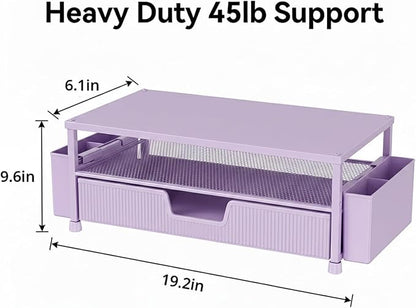 ECOLOVI Desk Organizer and Accessories, 2-Tier Computer Monitor Stand Rise with Storage Drawer & 2 Pen Holders, Laptop & Printer Stand for Desktop, Workspace Organizers for Office Supplies (Purple)
