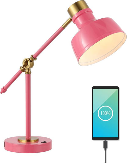 JONATHAN Y 18.5" Pink/Brass Gold Adjustable Cantilever LED Task Lamp with USB Charging Port, Vintage Farmhouse Desk Lamp for Home Office Reading, Metal Shade (JYL7124D)