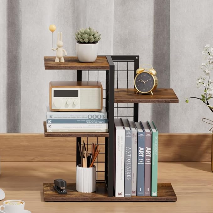 4 Tier Desk Shelf Organizer, Desk Shelf for Top of Desk,Adjustable Tabletop Bookshelf Wood Desktop Shelf for Home Office Dorm, Brown