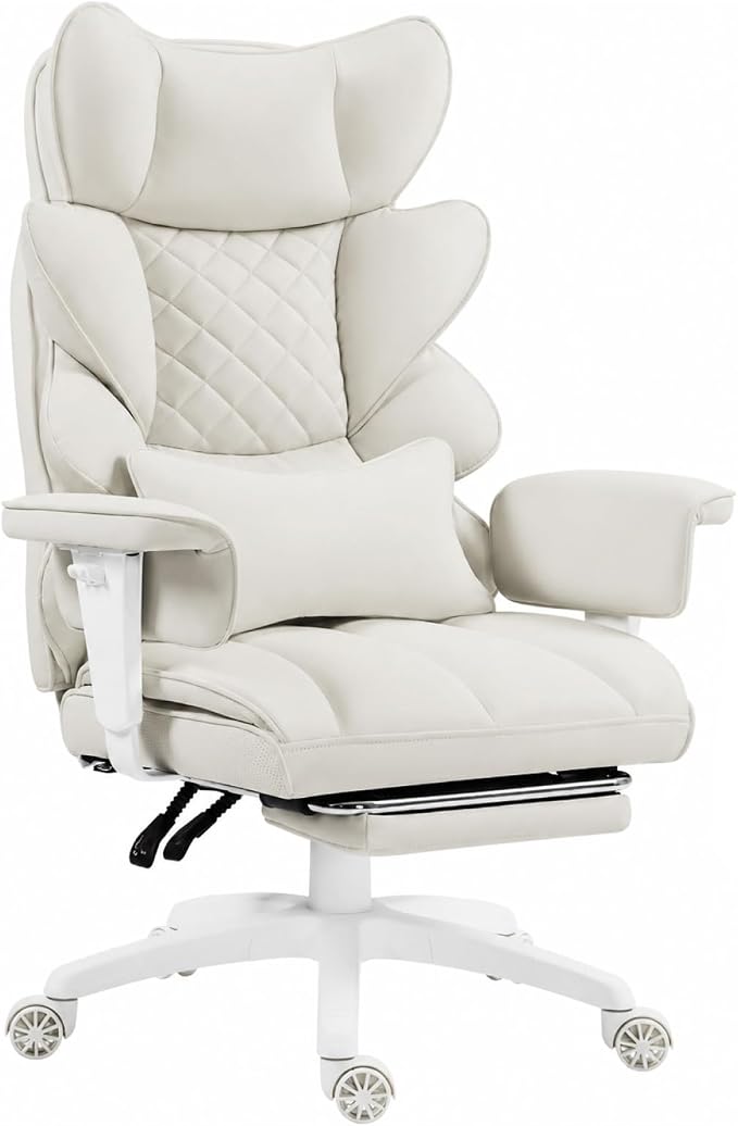 Dowinx Big and Tall Office Chair with Pocket Spring Cushion,High Back Computer Gaming Chairs with Adjustable Armrests and Lumbar Support,Executive Desk Chairs with Footrest(PU,White)