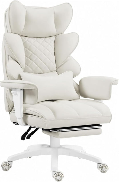 Dowinx Big and Tall Office Chair with Pocket Spring Cushion,High Back Computer Gaming Chairs with Adjustable Armrests and Lumbar Support,Executive Desk Chairs with Footrest(PU,White)