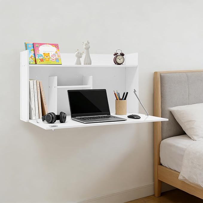 Wall Mounted Desk Multifunctional Fold Down Laptop Computer Table Writing Workstation with Storage Compartments Space Saving for Home Office (White)