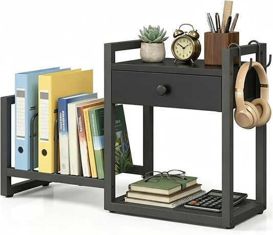MAHANCRIS Desktop Shelf Organizer, 2-Tier Wooden Desk Bookshelf, Small Tabletop Book Shelf with Draw and Hooks, Countertop Storage Rack for Home, Office, Dorm, Black POBK2201