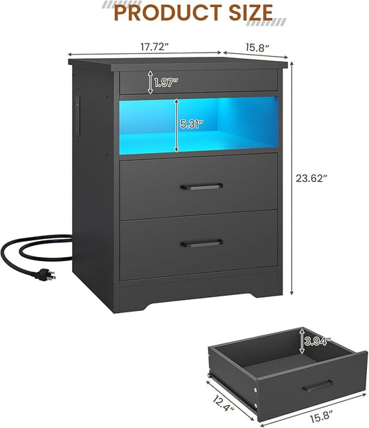 DICTAC Nightstand Set of 2 with Charging Station and LED Lights, Bedside Table with Lockable Sliding Desktop, Modern Night Stand with Storage Drawers and Open Shelf, End Table for Bedroom, Home Office