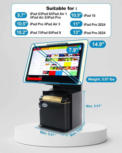 ZYWELL TS32 iPad Pos Stand Swivel with Thermal Printer Shelf for POS, Retail & Business All Metal no Installation Tilting, Waterproof Secure Checkout Stand Suitable for 9.7-13 inch Tablet