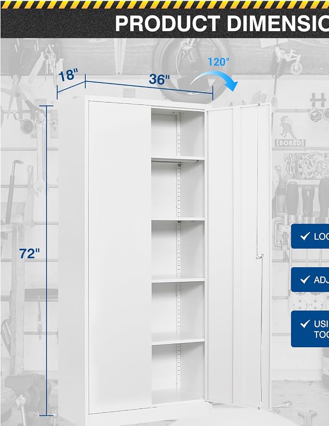Fesbos Metal Storage Cabinet-72” Tall Steel File Cabinets with Lockable Doors and Adjustable Shelves-White Steel Storage Cabinet for Kitchen, Office, Garage