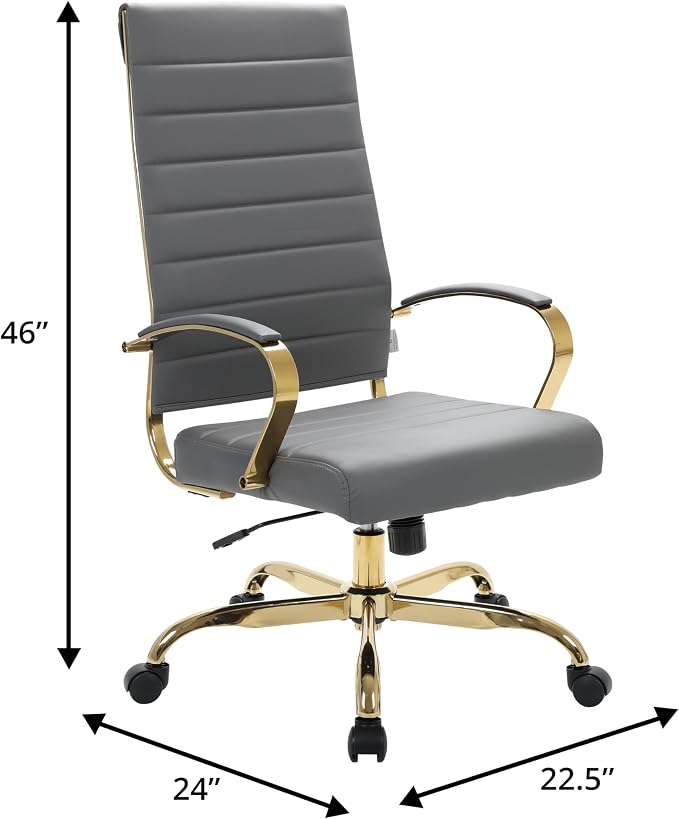 LeisureMod Modern High-Back Leather Office Chair - Swivel & Adjustable Executive Desk Chair with Gold Frame, Ergonomic Design for Home & Office (Grey, Set of 8)