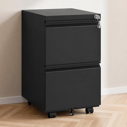 2 Drawer File Cabinet with Lock,Rolling Filing Cabinet with Wheels for Home Office,Under Desk Metal File Cabinet,Office Storage Organizer,Black