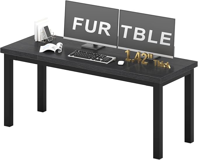 55 Inch Computer Desk, Modern Table with Thick Tabletop, Small Gaming Desk with Adjustable Feet, Study Writing Table for Home Office Work, Black