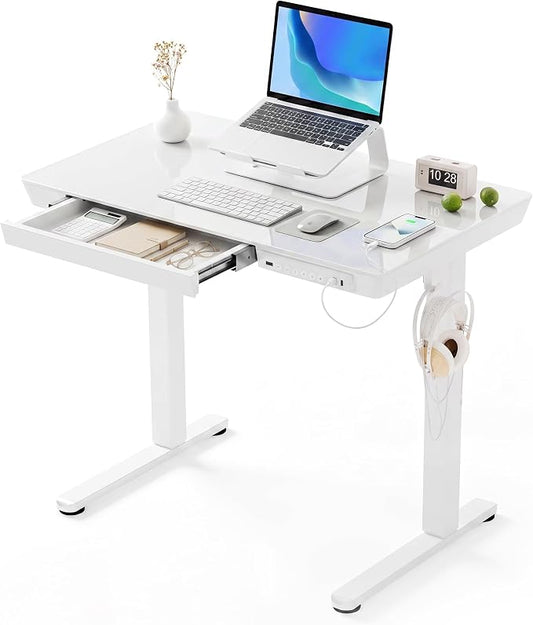 Claiks Small Glass Standing Desk with Drawers & USB Ports, 32 Inch Adjustable Stand Up Desks with Storage, Quick Install One-Piece Computer Desks for Small Space and Home Office, White