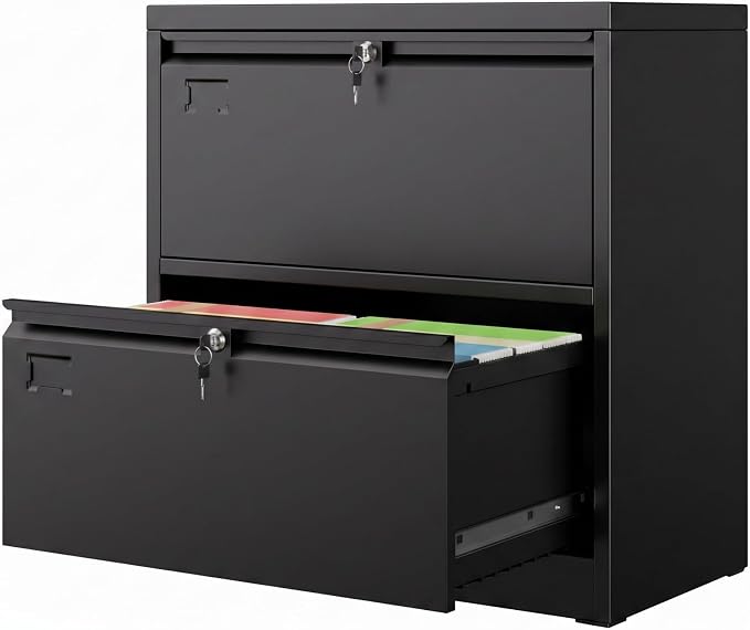 METAN 2 Drawer Lateral File Cabinet with Lock, Black Metal Lateral Filing Cabinet for Home Office, Steel Wide Filing Cabinet Legal/Letter/A4, Assembly Required, 28.82" W x 15.75" D x 30.24" H