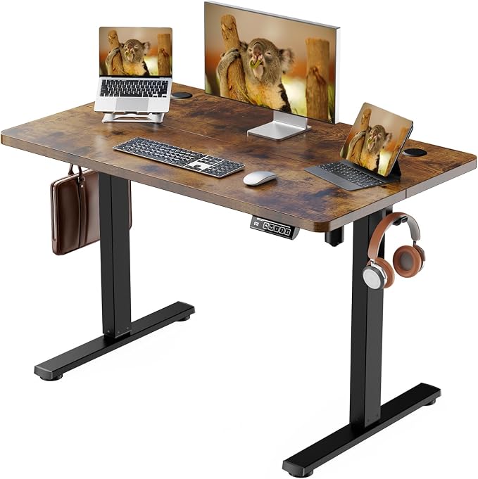 Standing Desk Electric Height Adjustable Desk 39.37 x 23.6 Inches Sit Stand up Desk, Computer Home Office Desk Memory Preset with Two-Piece Desktop (Vintage Brown, 40 * 24 Inch)