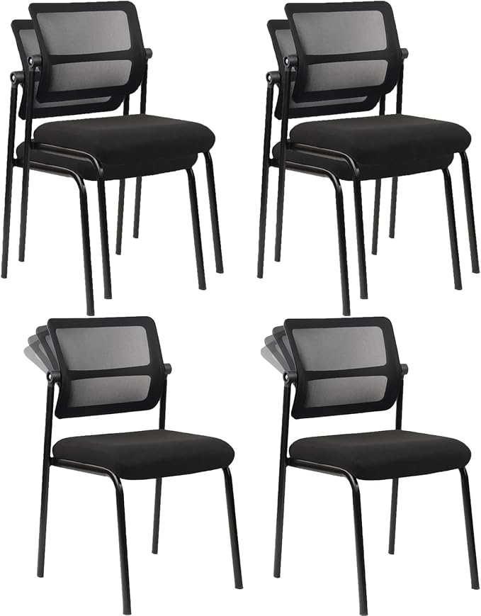 CLATINA Stackable Mesh Office Chair with Wheels Armless Guest Waiting Stacking Chair with Ergonomic Lumbar Support, for Conference, Lobby, School, Reception, Black 4Pack