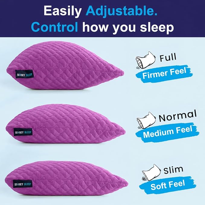 Sidney Sleep Adjustable Bed Pillow for Neck and Shoulder Support with Extra Shredded Fill - Cervical Contour Pillow for Side and Back Sleepers. Standard Size 19" x 26" CertiPUR-US Certified (Magenta)