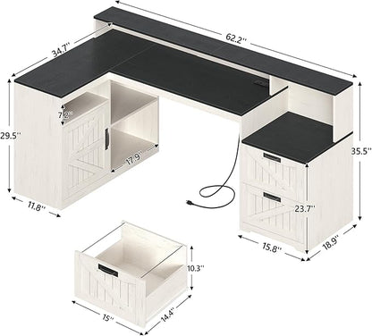 TVU Farmhouse L Shaped Desk with Drawers, 62.2" Home Office Desk with Storage Shelves and Power Outlet, L Shaped Computer Desk with Monitor Stand and Printer Shelf, Black and White