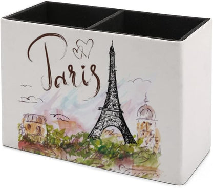 Niapessel Pencil Holder for Desk, Paris Eiffel Tower Pen Holder Storage Desktop Pen Organizer Desk Pencil Organizer Makeup Brush Holder for Office School College Leather