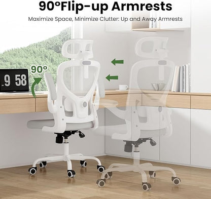 Soohow Office Chair, Ergonomic Office Mesh Desk Chair with Adjustable Back Support, High Back Comfy Computer Swivel Chair with Headrest, Lumbar Support for Study Room, Gaming and Office, White & White