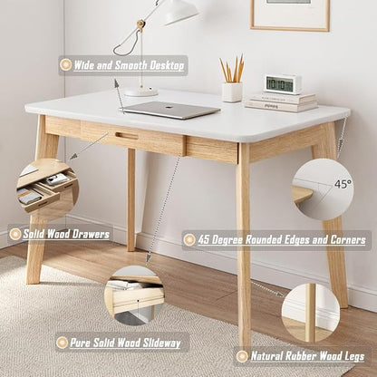 IOTXY Solid Wood Writing Desk - Home Office Workbench Desk with Drawer, 39.37" Width Laptop Computer Work Study Table in White