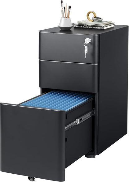 DEVAISE 3-Drawer Slim File Cabinet, Small Mobile Filing Cainet with Lock for Home Office, Fits Letter/Legal/A4 Size, 11.8 x 17.7 x 23.2 Inches (Pre-Assembled, Black)
