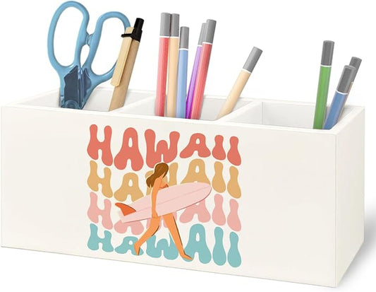 Hawaii Aloha Surf Girl Beach Wooden Pen Pencil Holder for Office Desk Accessories, Gifts for Beach Lovers Surf Enthusiasts Surfers Makeup Brush Toothbrush Holder Organizer