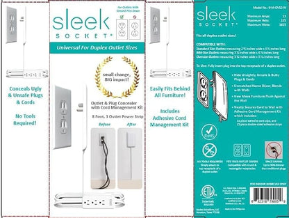 Sleek Socket Original & Patented Ultra-Thin Outlet Concealer with Cord Concealer Kit, Flat Extension Cord with Multi Outlets Power Strip, Ideal for Home Improvement, Hide Bulky and Messy Cords