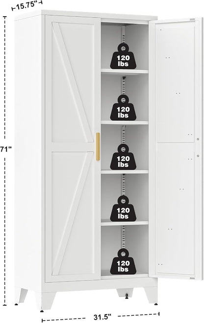 QINPTWUT 71" Metal Storage Cabinet with Doors and Shelves, Tall Pantry Cabinet in White with 2 Doors & 4 Adjustable Shelves, All-Steel Farmhouse Cupboard for Kitchen, Living Room,Home Office,Garage