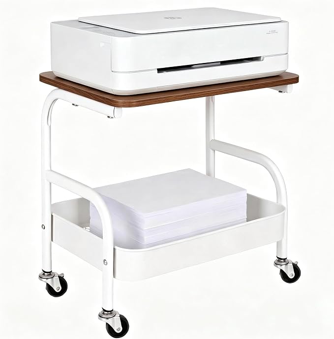 Under Desk Printer Stand with Storage 2 Tier Rolling Printer Cart with Wheels, Mobile Short Under Shelf Storage Small RollingTable Cart for Home and Office, White