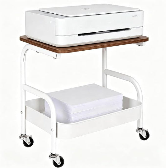 Under Desk Printer Stand with Storage 2 Tier Rolling Printer Cart with Wheels, Mobile Short Under Shelf Storage Small RollingTable Cart for Home and Office, White