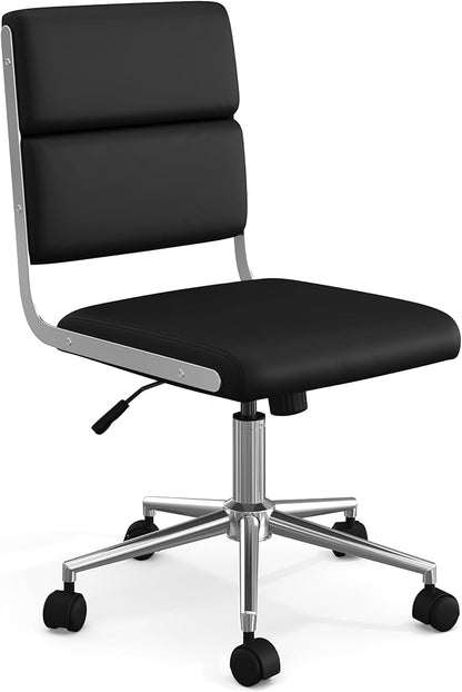 Martha Stewart Lulu Swivel Task Chair with Height Adjustable Seat for Home Office in Black Faux Leather with Polished Nickel Frame