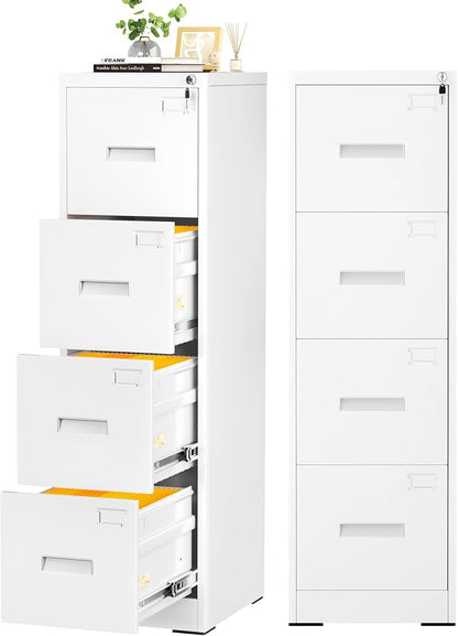 INTERGREAT 4 Drawers File Cabinet with Lock, 18" D Metal White Vertical Filing Cabinet for Hanging Folders, Easy Assemble