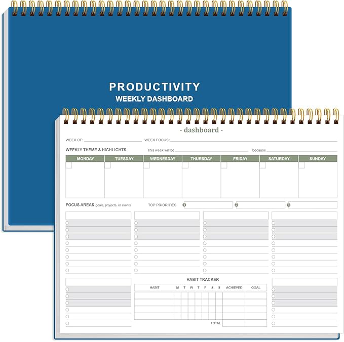 Weekly Productivity Dashboard - 8.5" x 11" Dashboard Desk Notepad Has 6 Focus Areas to List Tasks for Goals, Projects, Clients, Academic or Meal-Organize Your Daily Work Efficiently, 54 Weeks, Blue