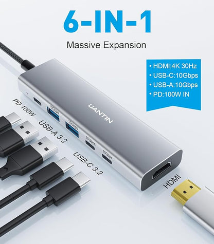 UANTIN USB-C Hub (6-in-1) Multiport Adapter with 10Gbps USB C 3.2 & USB-A 3.2 4K HDMI, 100W Power Delivery, USBC Dongle for MacBook Pro/Air, iPad Pro, ThinkPad, iMac and More