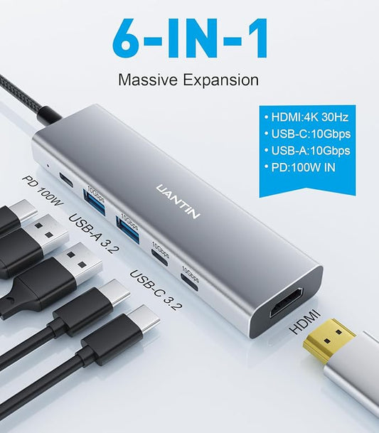 UANTIN USB-C Hub (6-in-1) Multiport Adapter with 10Gbps USB C 3.2 & USB-A 3.2 4K HDMI, 100W Power Delivery, USBC Dongle for MacBook Pro/Air, iPad Pro, ThinkPad, iMac and More
