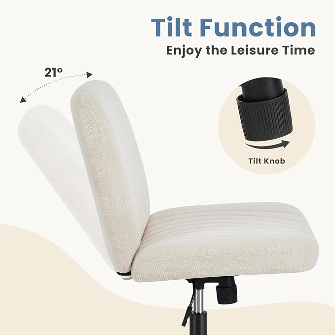 DUMOS Criss Cross Chair with Wheels, Wide Cross Legged Office Desk Vanity Chairs, Armless Height Adjustable Swivel Chairs for Home Computer Task, Fabric, Beige Wheel