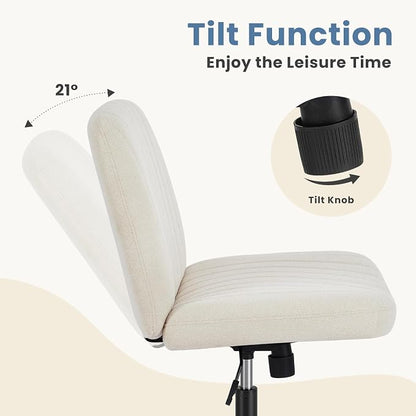 DUMOS Criss Cross Chair with Wheels, Wide Cross Legged Office Desk Vanity Chairs, Armless Height Adjustable Swivel Chairs for Home Computer Task, Fabric, Beige Wheel